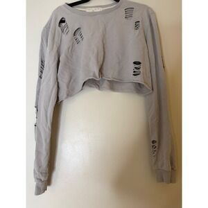 Emma & Sam Cropped Distressed Sweatshirt Light Gray XS